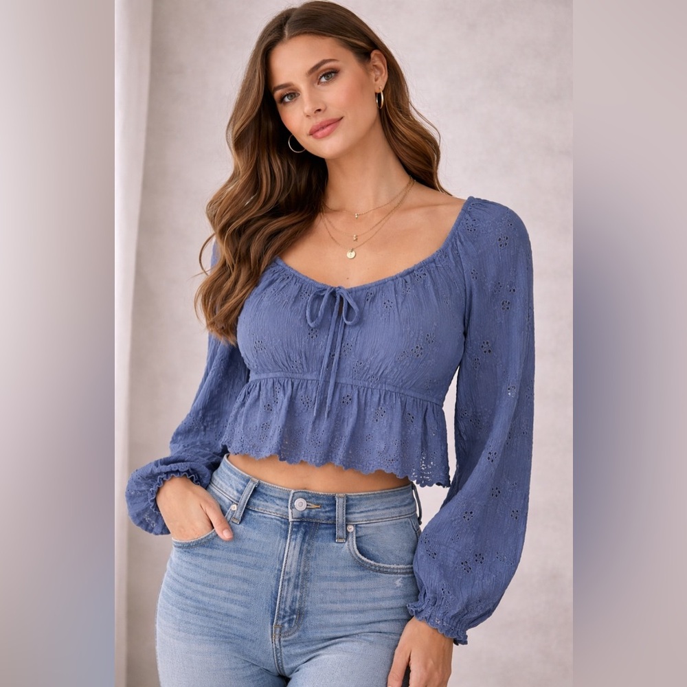 Hollister Blue Eyelet Crop Top Medium Long Sleeve Boho Peasant Blouse